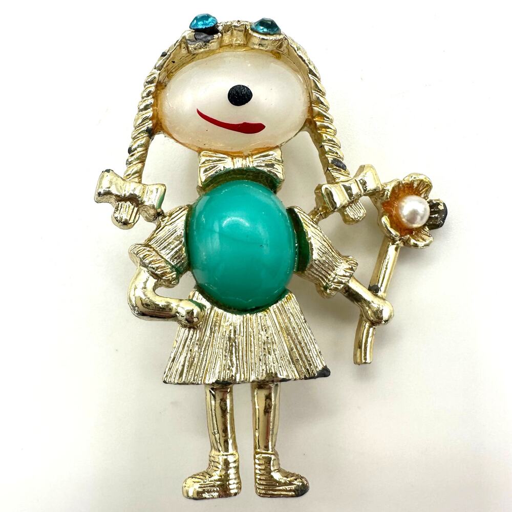 Vintage gold tone girl woman green white lucite hand painted figural brooch
